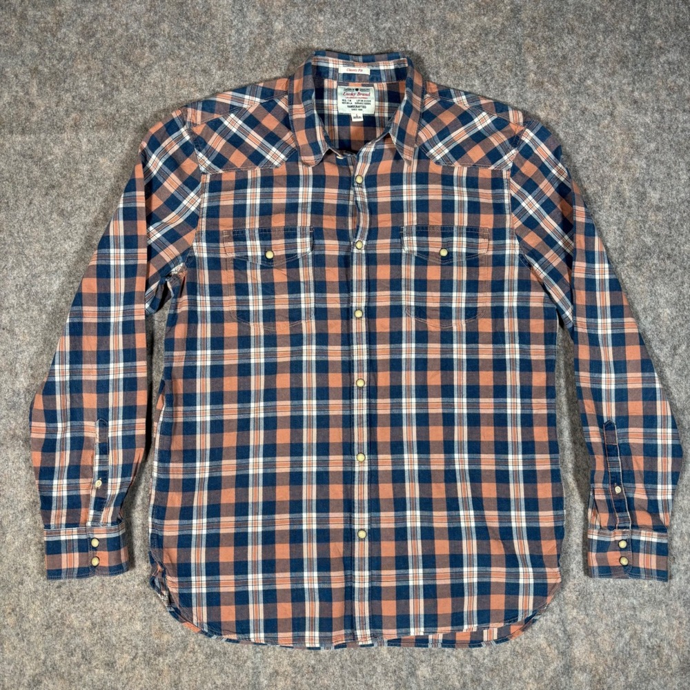 Lucky Brand Western Shirt Mens L Blue Orange Plaid‎ Pearl Snap VTG Cowboy Pastel
